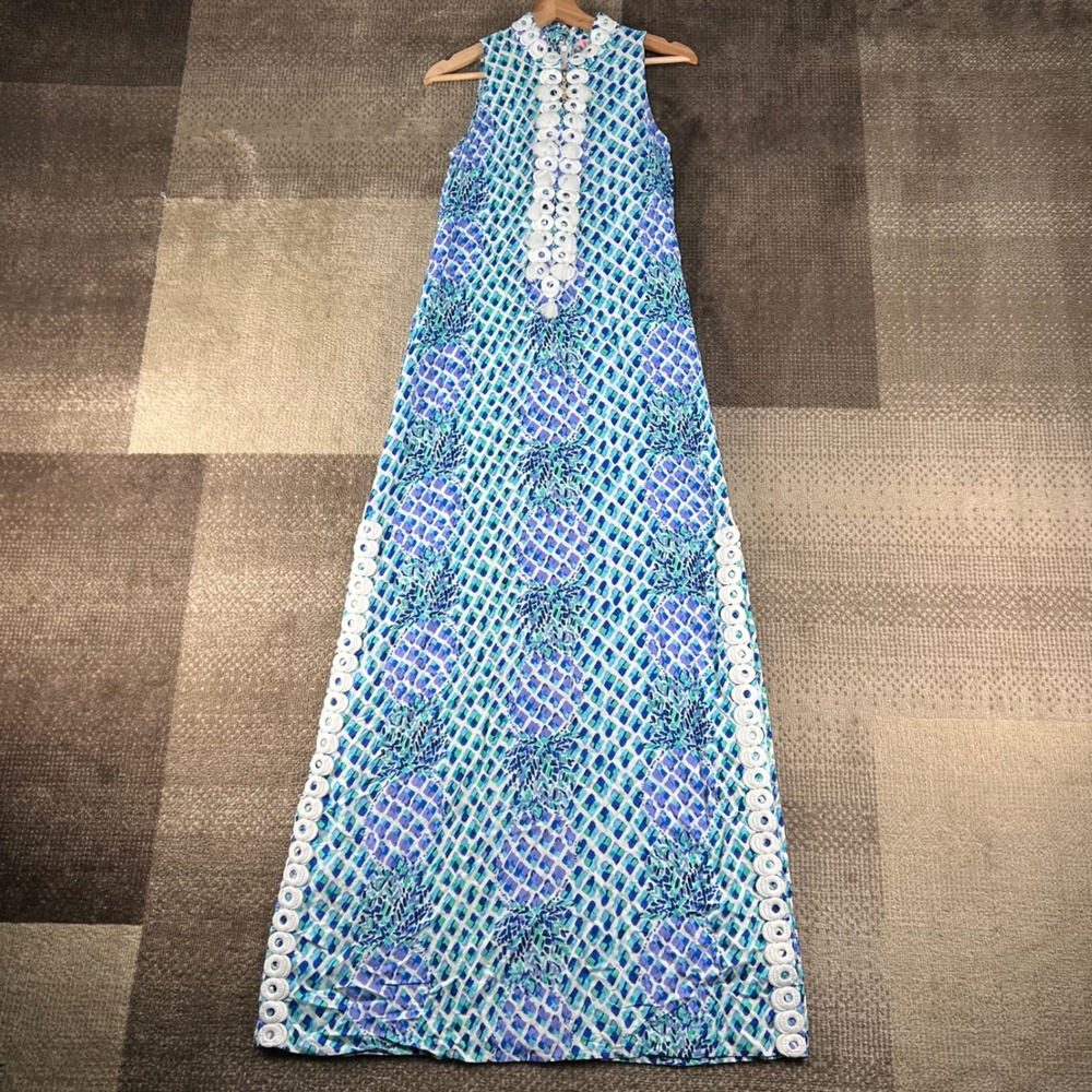 Lilly Pulitzer Size 0 Blue Green Pineapple Print Maxi Dress 28876 Tassel Trim
